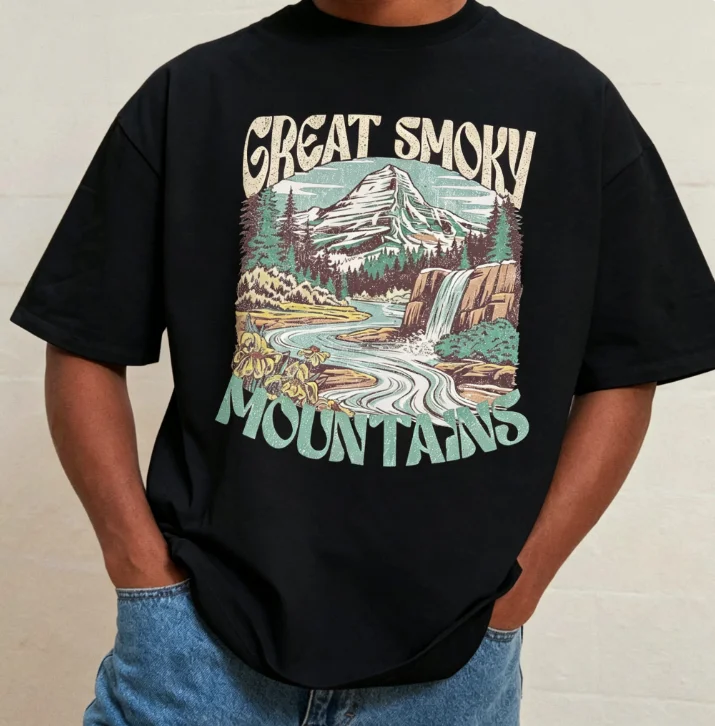 2026 Men Great Smoky Mountains Landscape Graphic T Shirt Vintage Nature Mountain Crewneck Tee