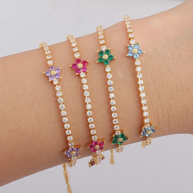 Luxury Rainbow CZ Flower Tennis Chain Bracelet For Women Girls Iced Out Bling CZ Paved Colorful Daisy Flower Bracelet