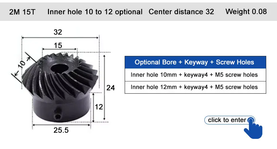 45 # Stahl-Spiralkegelradgetriebe, 2M, 15T bis 60T, Modul 1:4, 90 Grad Differentialgetriebe, gleicher Übersetzungsverhältnis, Durchmesser 8mm bis 12mm, Loch – Detail 12