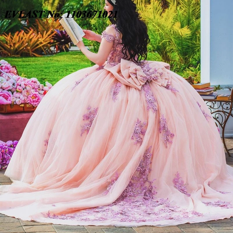 Evlast Mexican Blush Roze Quinceanera Jurk Baljurk Paarse Kanten Applique Kralenstrik Sweet 16 Vestidos De Xv 15 Anos Sq114