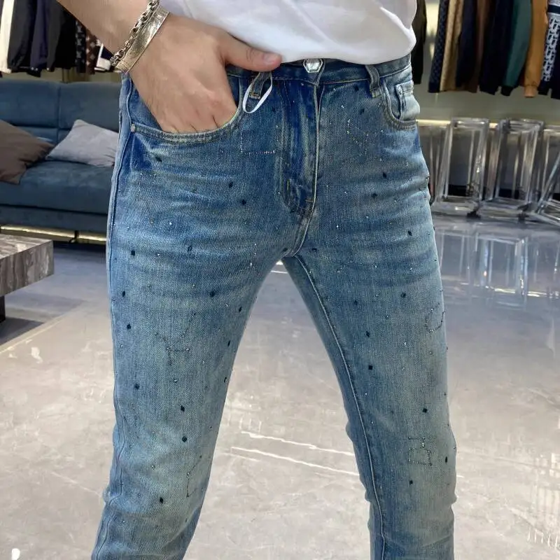 

Новинка 2023 года, мужские джинсы, облегающие эластичные модные длинные брюки со стразами, узкие повседневные джинсы, Hombre, уличная одежда Erkek Kot Pantolon