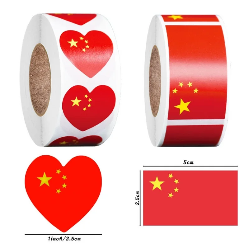 250/500pcs Chinese Flag Sticker Tags Sealing Labels Red Heart Rectangle Shaped for Decoration Face Stickers