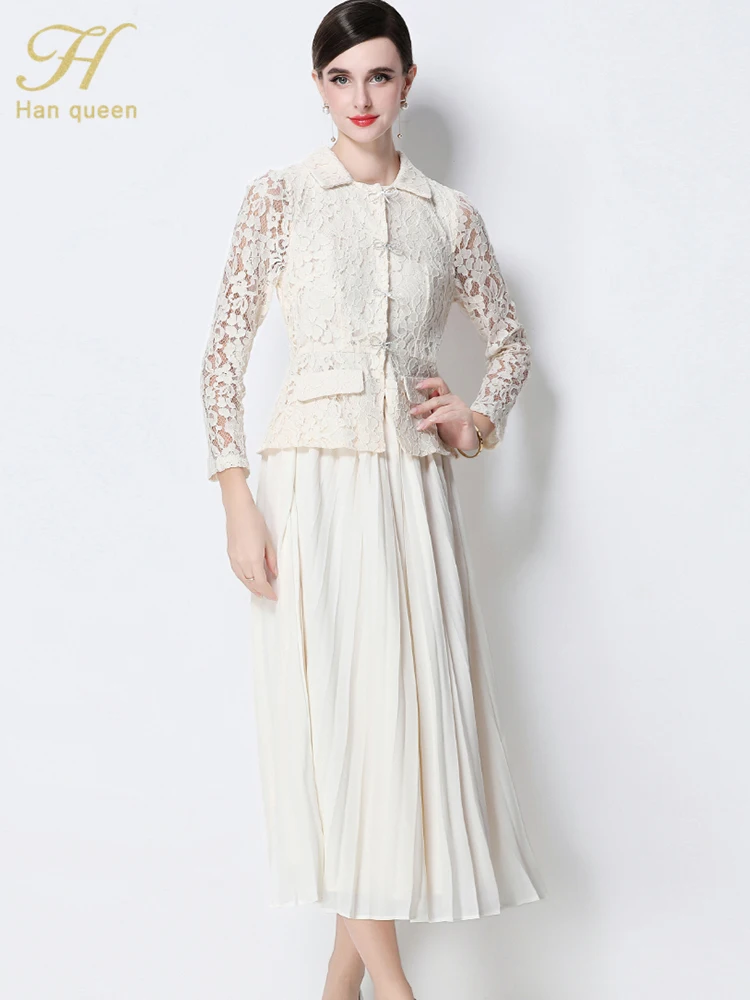 H Han Queen المرأة الخريف المدرج عطلة حفلة موسيقية فساتين النمط الفرنسي وهمية اثنين من الدانتيل المرقعة فساتين مطوي