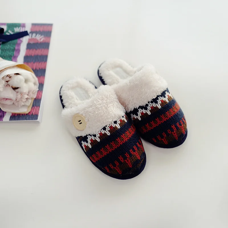 

New Scottish Style Knitted Winter Cotton Slippers with Warm Indoor Home Furnishings Women Girls Shoes