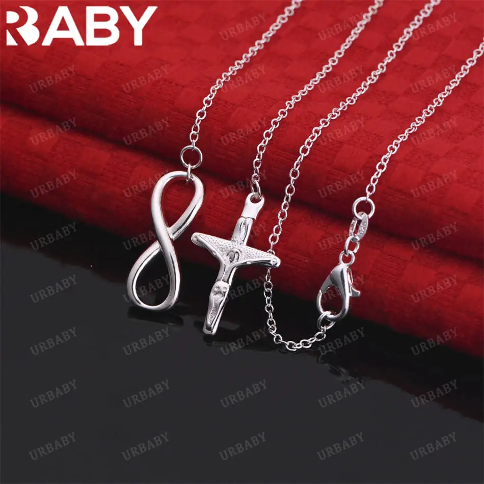 

URBABY 45CM 925 Sterling Silver Cross Pendant Necklace For Women Man Chain Charms Jewelry Fashion Classic Accessories