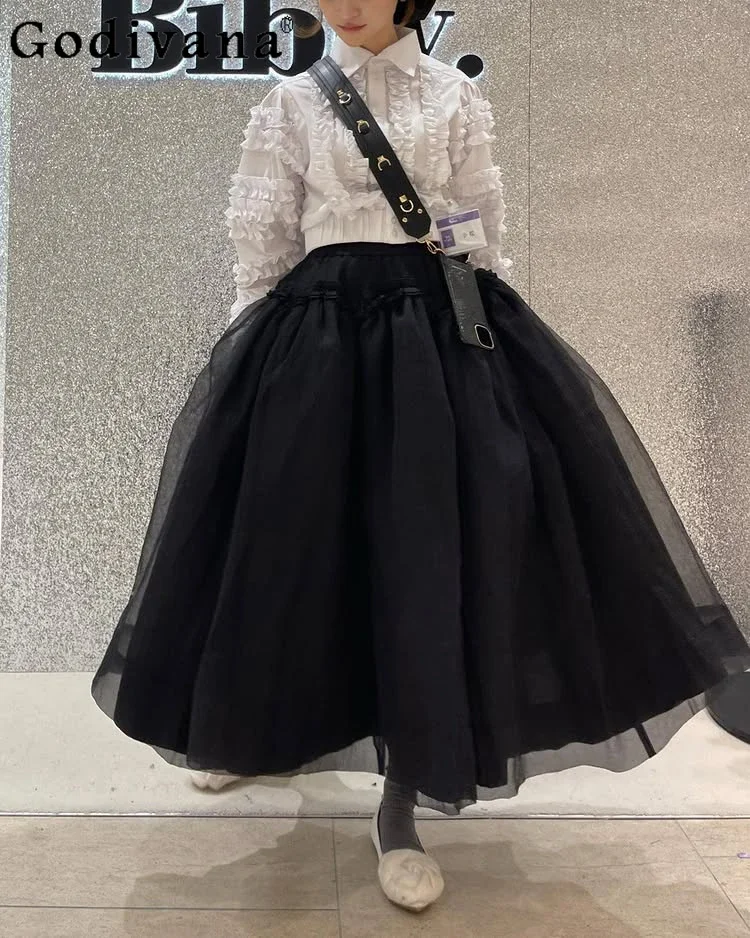 IMU Japanese Sweet Black Long Bud Skirt 2025 Summer New Women's Elastic Waist Mesh Stitching 3D Jacquard Skirt Ladies Daily Skir