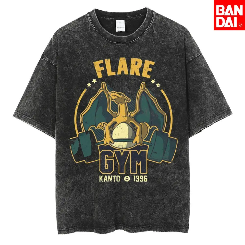 Pokemon Charizard Flare Gym T Shirt Men 2026 Summer Vintage Acid Wash Oversized Tee Retro Kanto 1996 Game Streetwear Hip Hop