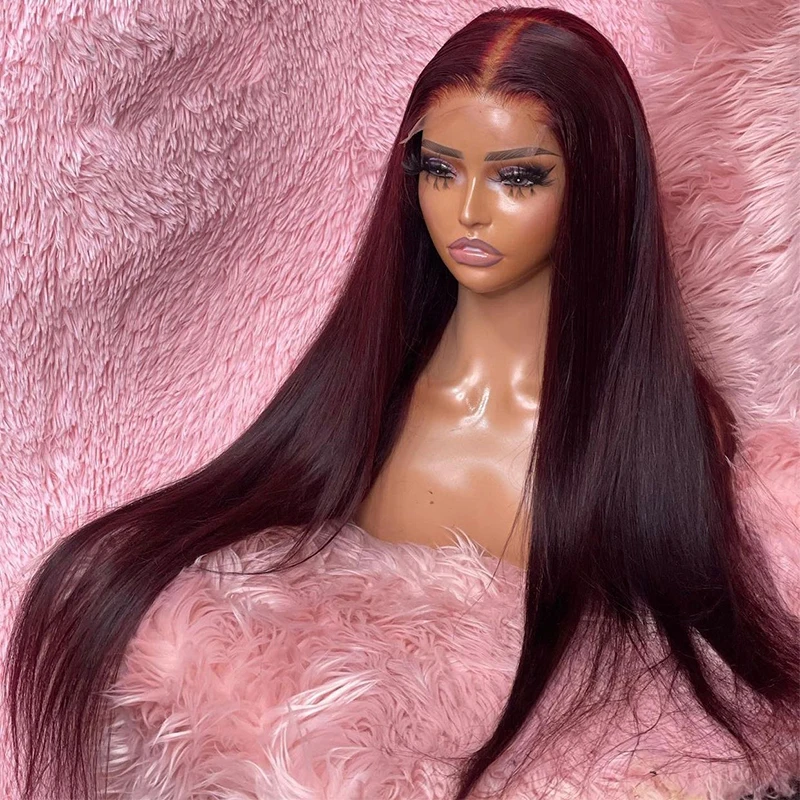 Long Soft 26Inch Preplucked Glueless 180Density Burgundy Silky Straight Lace Front Wig For Black Women With Baby Hair