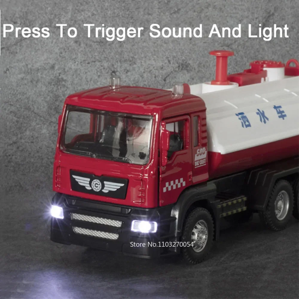 Modèle de camion d'arrosage, jouets de voiture en alliage moulé sous pression, véhicule d'ingénierie, pneu en caoutchouc, son et lumière, jouet de traction, cadeau d'anniversaire pour enfant