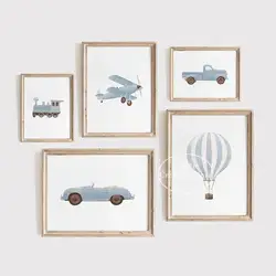 Vintage Travel Boy Nursery Wall Art Blue Hot Air Balloon Plane Train Prints Canvas Painting Nordic Bedroom Home Decor Poster