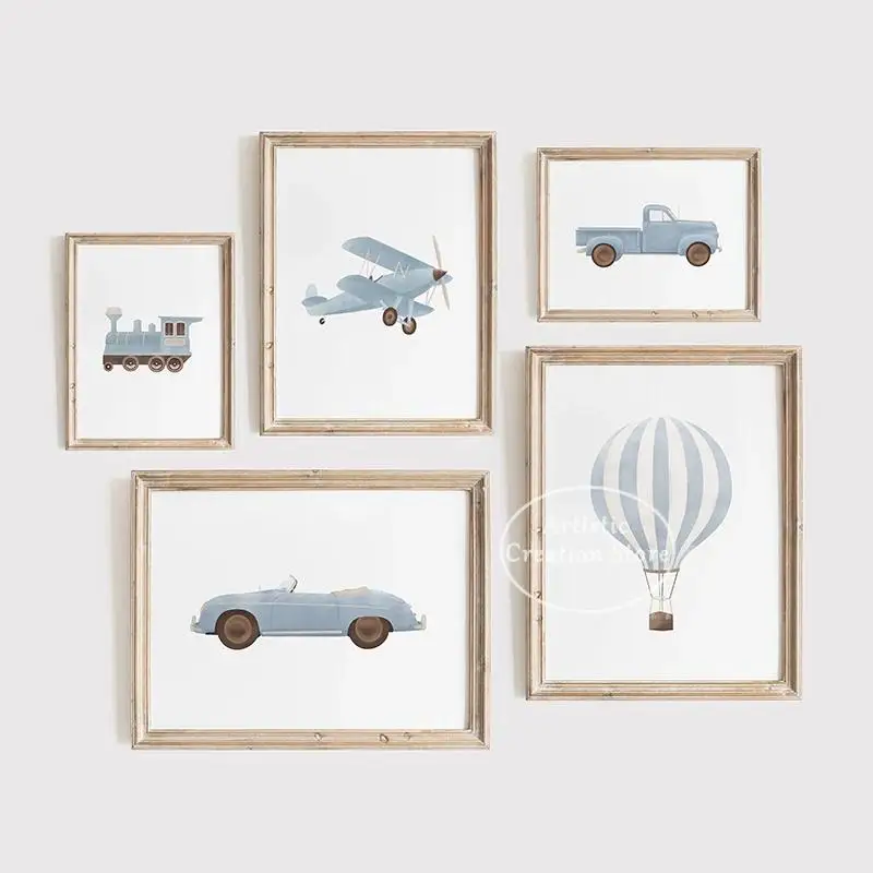 Vintage Travel Boy Nursery Wall Art  Blue Hot Air Balloon Plane Train Prints Canvas Painting  Nordic Bedroom Home Decor  Poster