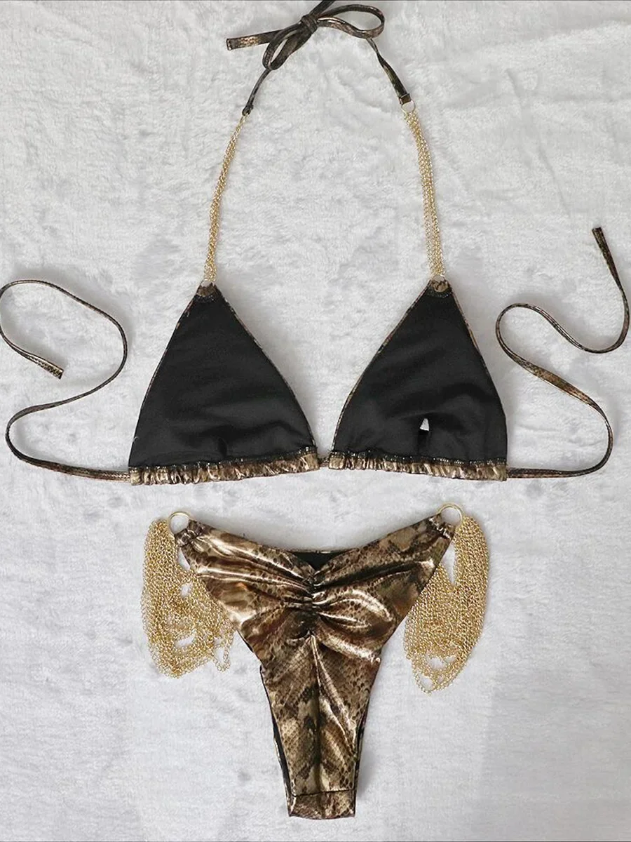 Bikini brasileño de piel de serpiente para mujer, traje de baño de dos piezas con cuello Halter y cadenas de Metal, bañador femenino