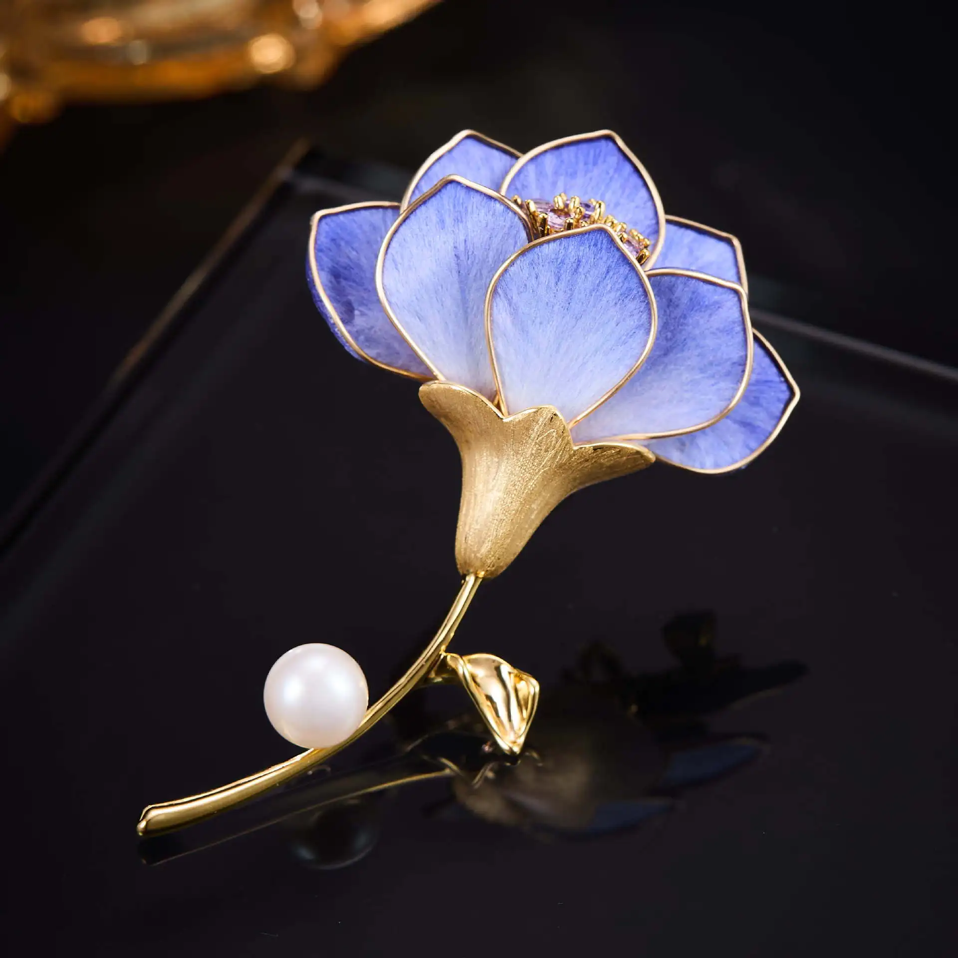 National Style Dyed Blue Flower Branch Freshwater Pearl Brooch Three-dimensional Petal Pin High-end Dress Accessory for Women