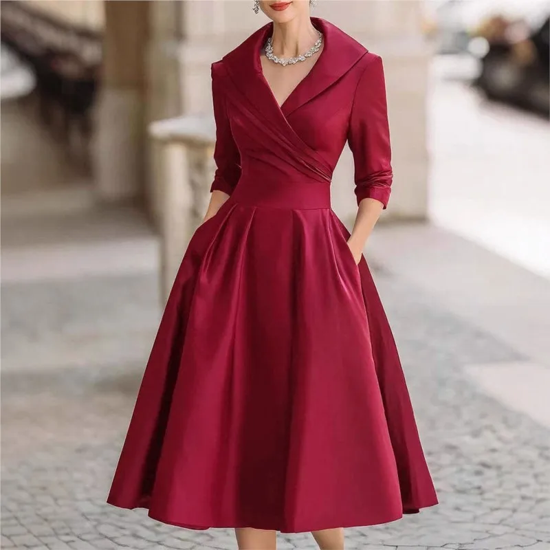 Robe d'invité de mariage élégante pour femmes, col rabattu, taille mi-longue, ligne a, robe de soirée, Cocktail, robes mi-longues en Satin