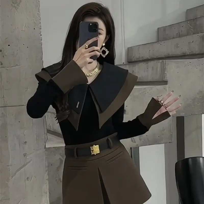 Blusas de Manga Larga para Mujer, Estilo Coreano Juvenil, Patchwork, Combinables con Todo, Dulces, Primavera-Otoño, Nueva Moda, Color Azul Marino