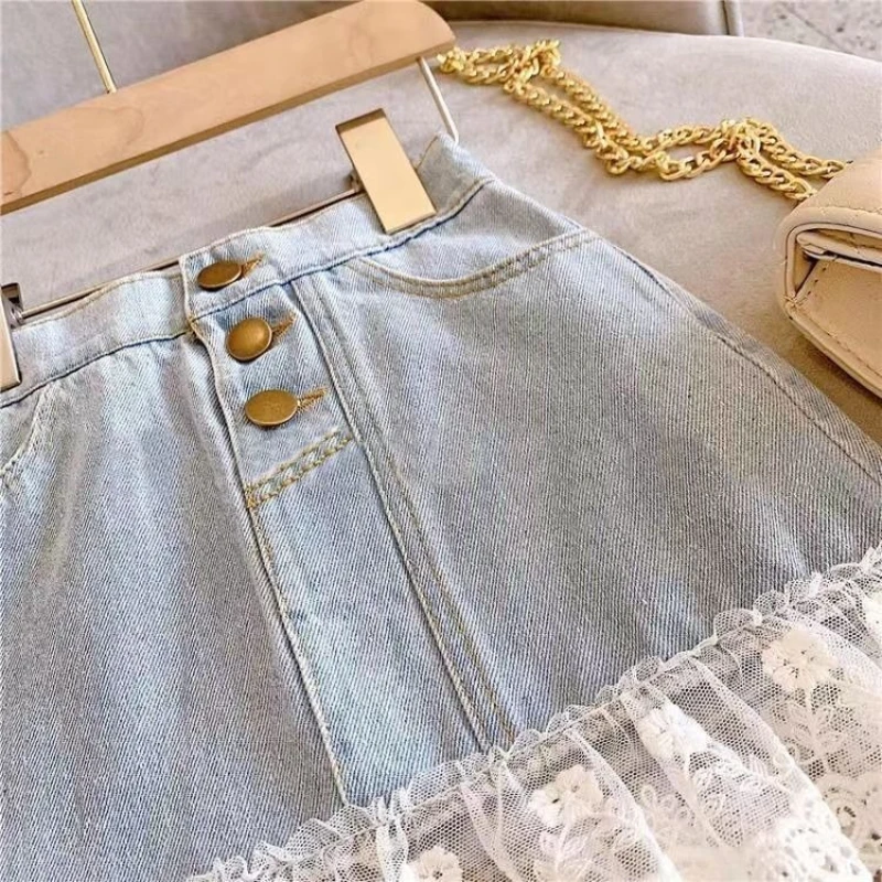 2026 Girls Summer Skirt Korean Inspired Sweet Bodycon Design with Lace Washed Denim Patchwork Fishtail Hem Kids Party Dress