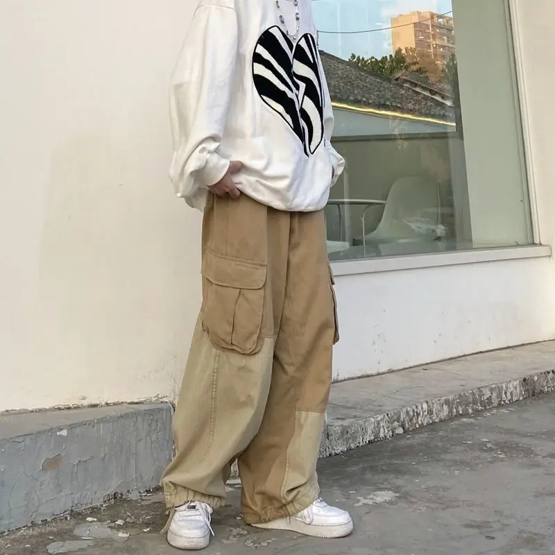Men Work Pants Patchwork Wide-legged Trouser Harajuku  Casual Pants for Man Adult Clothing Pocket Drawstring Straight Leg