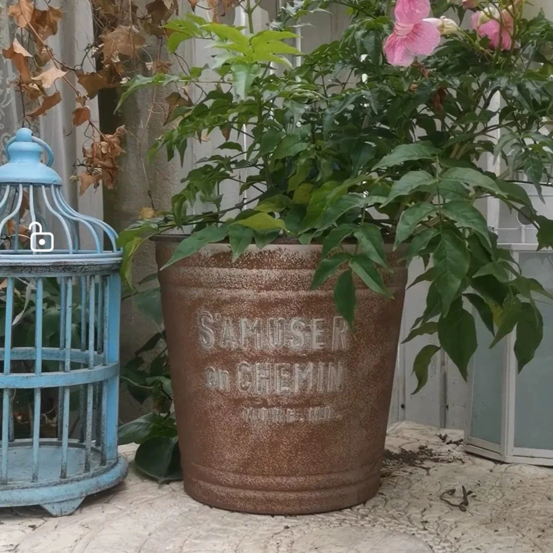 Rustic Iron Looking Vintage Style Resin Planter Pot , Round Garden Container, 9-inch Top Diameter, Rust Brown