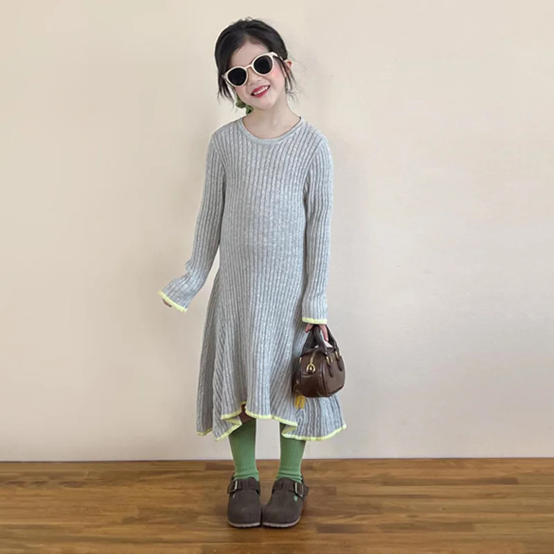 Girls Autumn Winter Dress Princess Knitted Gown Children Fashion Long-sleeve Vestidos New Kids Casual Sweaters 2-8 Years Old