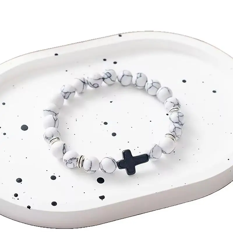 Stretchable Elastic Cross Stone Beaded Bracelet Handmade Fashion  Jewelry for Men Women Daily Spiritual Gift