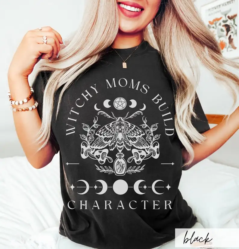 Witchy Moms Build Character Shirt, Goth Aesthetic Mystical Death Moth Moon Phase Whimsigoth Witch Gothic Mama T-shirt
