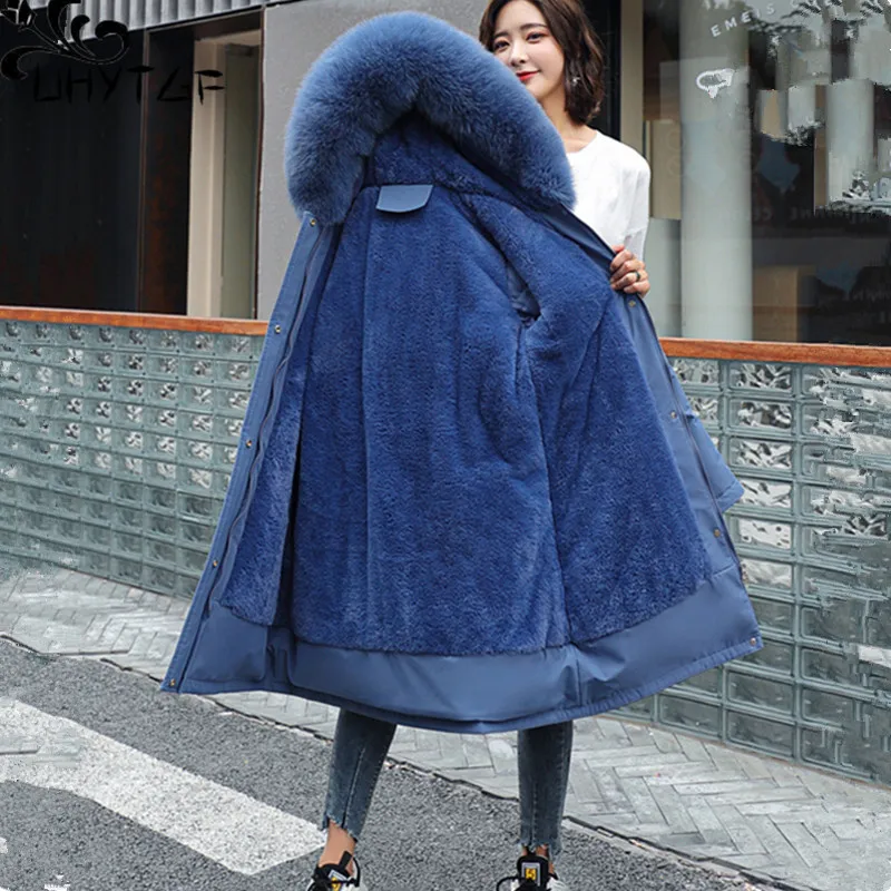 

UHYTGF Quality Down Cotton Winter Parkas Coat For Women Fur Collar Hooded Cold Proof Warm Jacket Female Plush Outerwear 6XL 2063