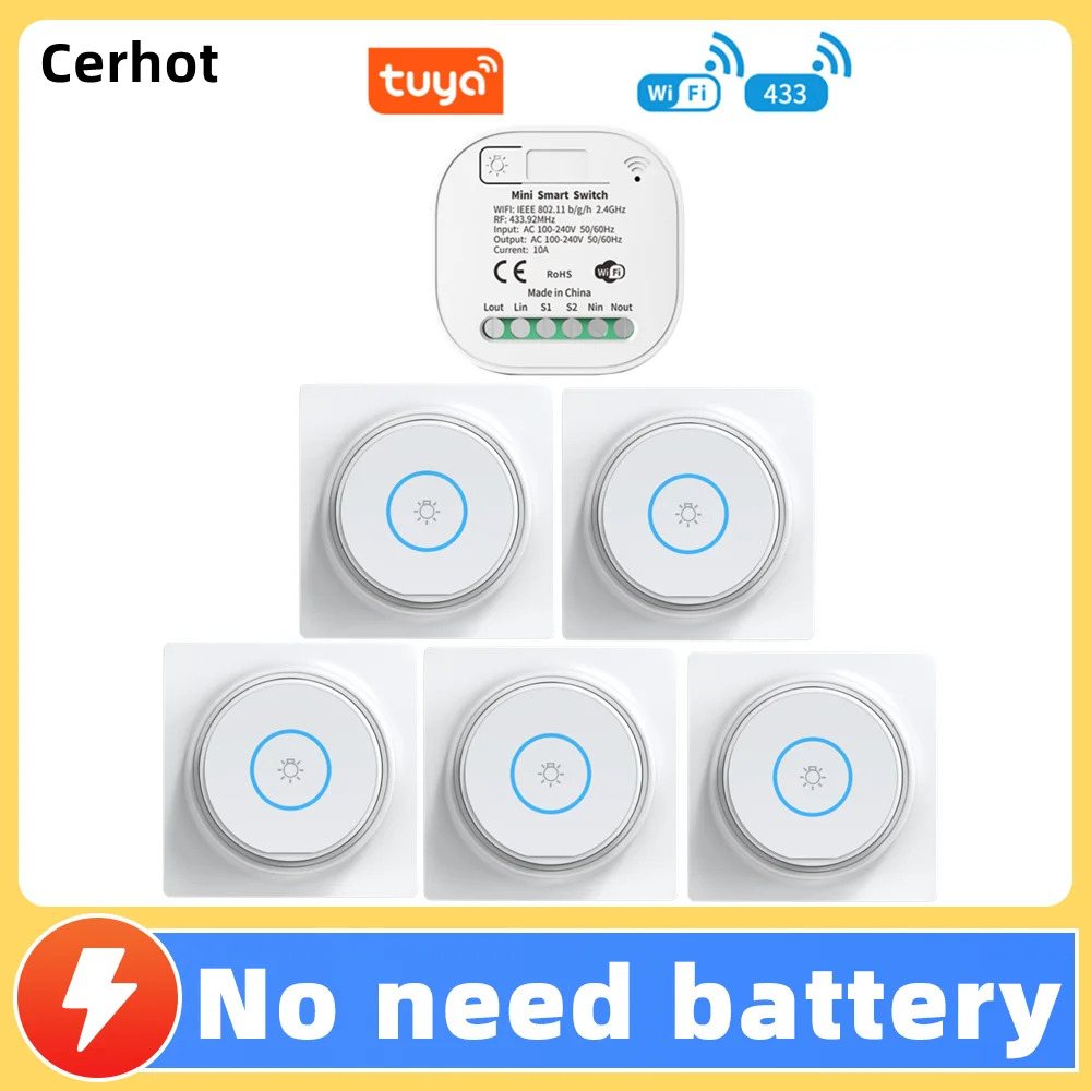 

Cerhot 10A Tuya Wi-Fi Умный переключатель Беспроводной таймер Умный дом Приложение Tuya Без батареи Выключатель света Работа с Google Home Alexa