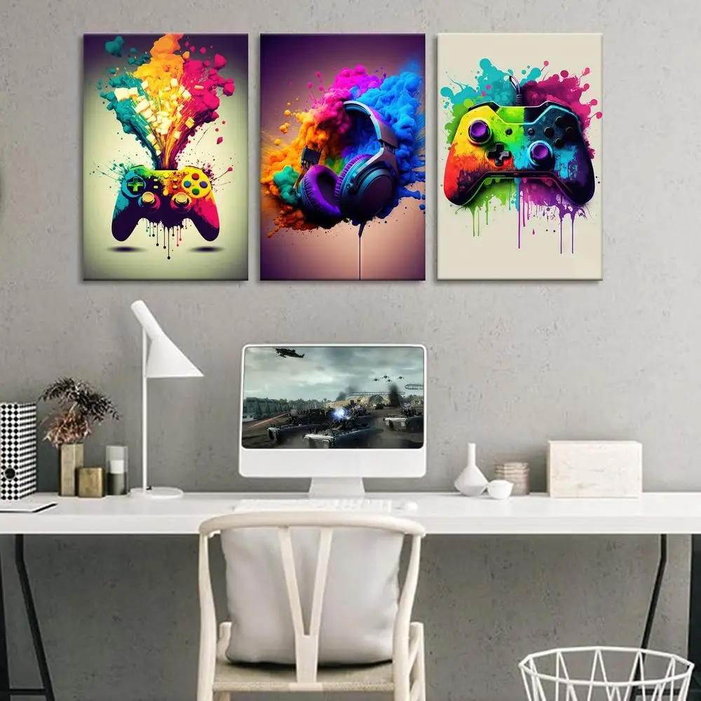 3-Piece Game Room Wall Art: Colorful Video Game Controller & Headphones Neon Prints, 16x24