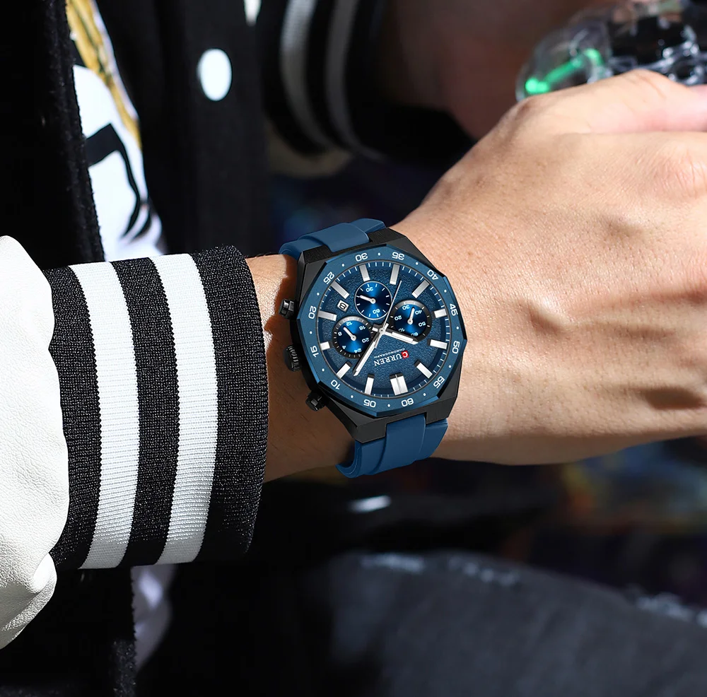 CURREN Herren Sport-Chronograph-Uhr mit Silikonarmband, Multifunktionszifferblatt mit Datum, Leuchtzeigern, Casual Quarz-Armbanduhr – Detail 17