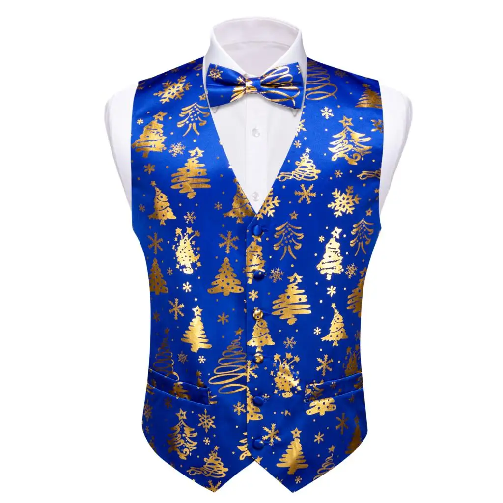 

Christmas Mens Vest Silk Blue Gold White Green Red Snowflake Gift XmasTrees Santa Claus Waistcoat Bowtie Set Party Barry Wang