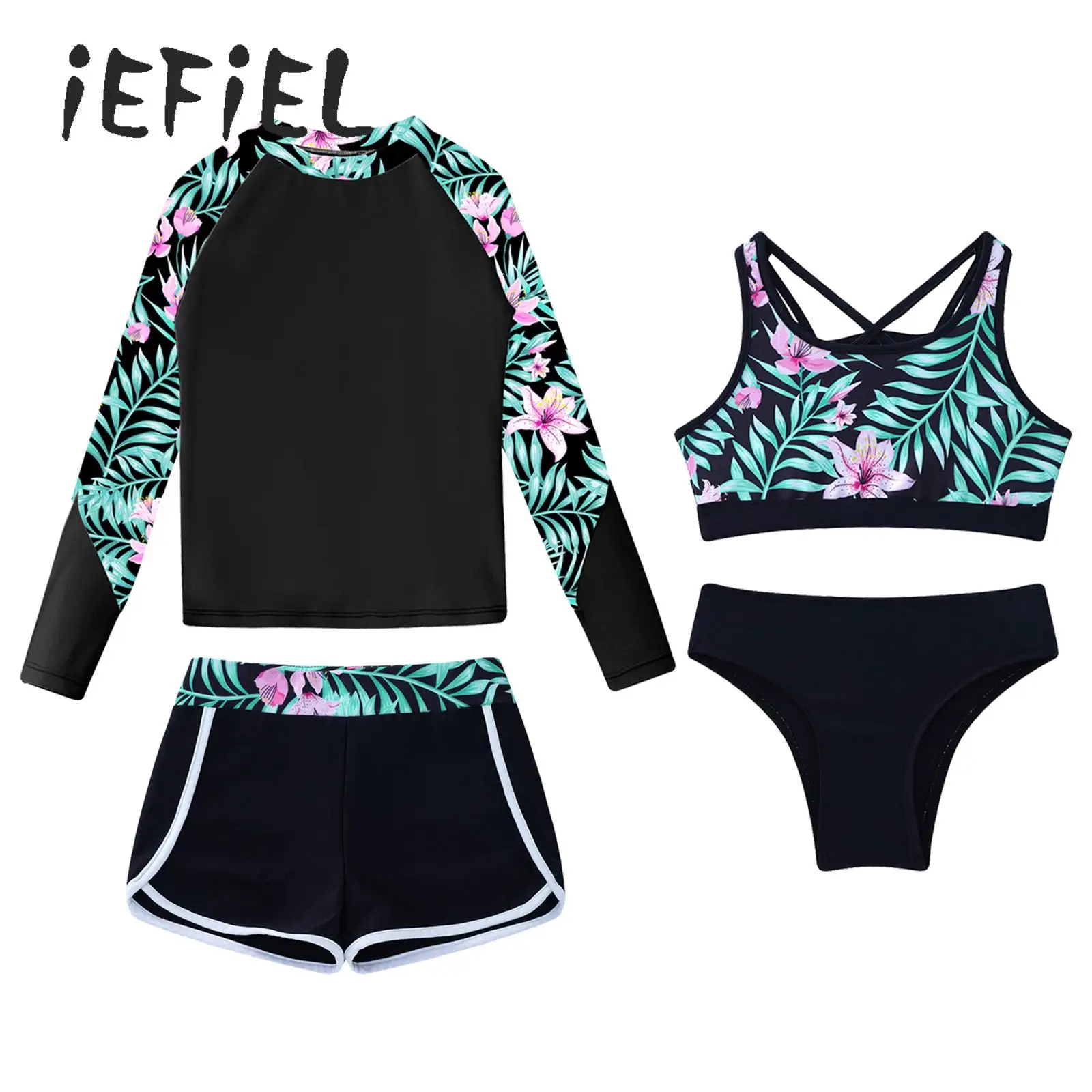

4Pcs/3Pcs Girls Swimsuit UV Protective Rash Guard Swim Suits Long Sleeve Print Shirt Top Boy Shorts Briefs Tankini Swimwear Set