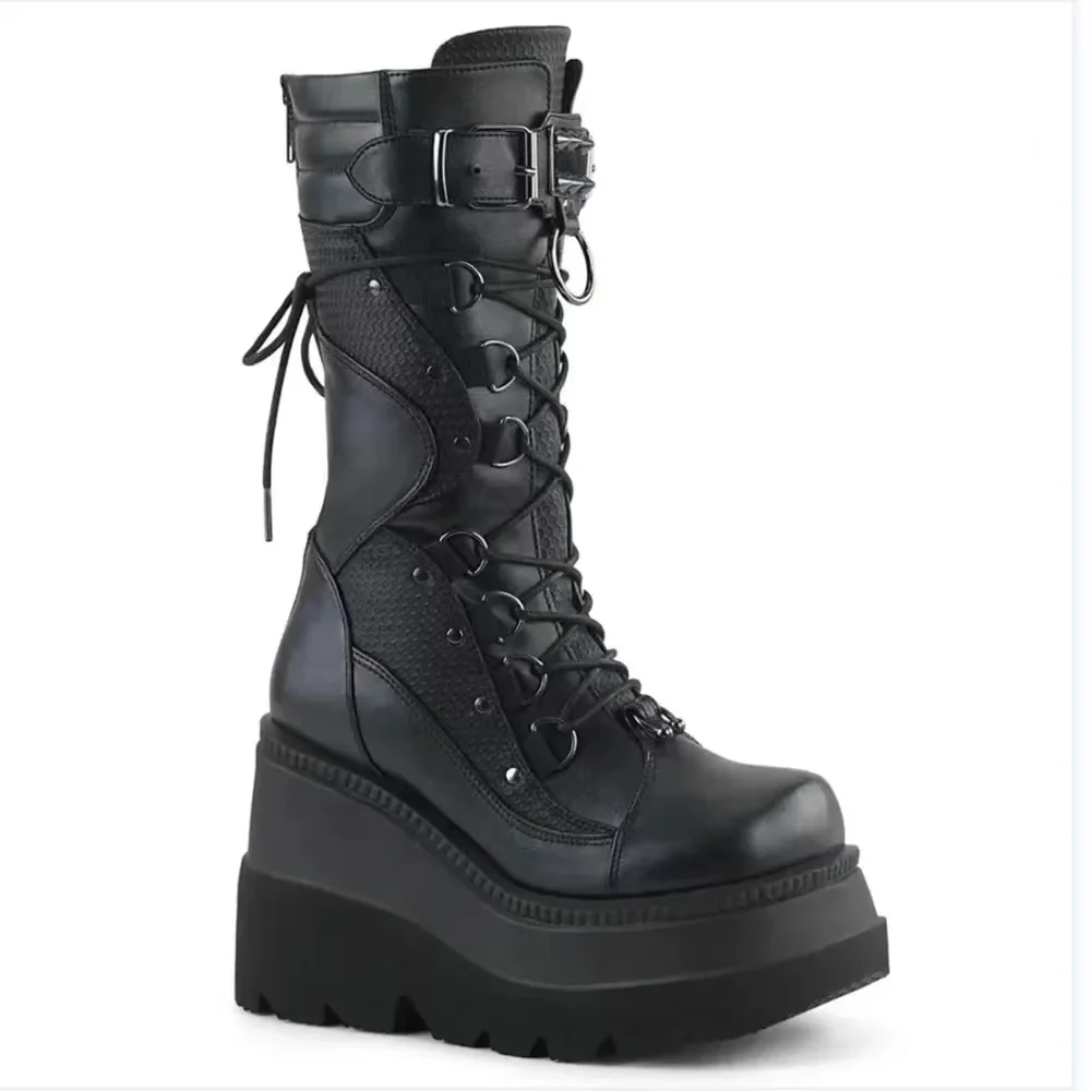 

Women Mid-calf Boots Cosplay Comfort Thick Sole Boots New Fashion Rivet Wedges Boots Autumn Winter Gothic Punk Style Women Shoes