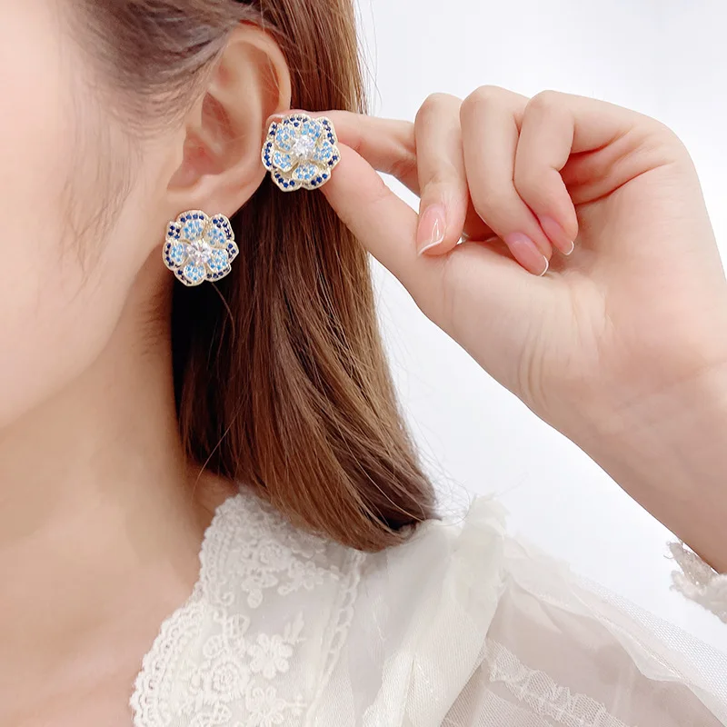 2024 Summer New Earrings with Micro Set Blue Zircon Silver Needle Earrings and Multi layered 3D Flower Earrings