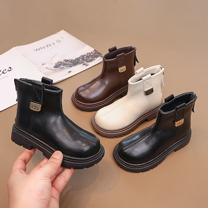 

2025 Autumn/Winter Children's Shoes Girls' Back Zipper Fashionable and Versatile Martin Boots, Round Head Classic Leather Boots