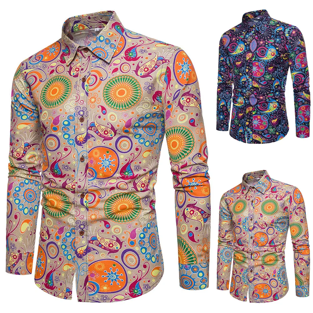 Vacation Office Daily Dating Shirts Mens Male Blouse Classic Lapel Collar Long Sleeve Print Quick Drying Breathable Button-Down
