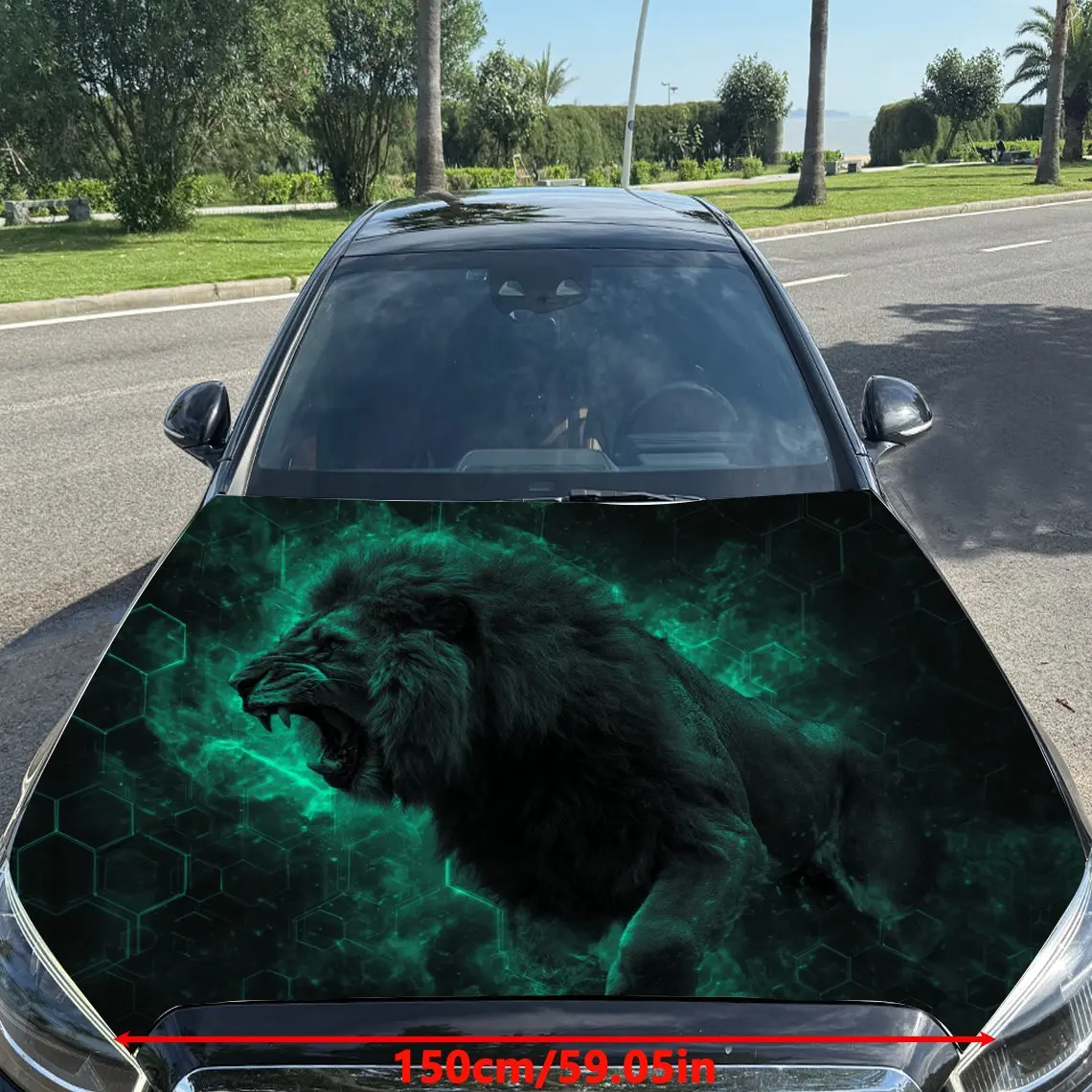 Green - Glow Sci - Fi Lion Car Vinyl Wrap, PVC Material Waterproof Car Hood Sticker, Self-Adhesive Scratch-Resistant Stickers fo