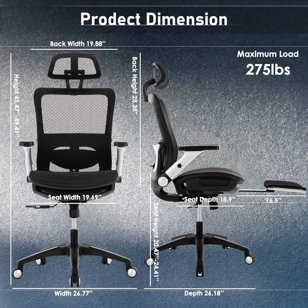 Ergonomic Mesh Office Chair With Footrest, High Ba Computer Executive Desk Chair With Headrest And 4D Flip-Up Armrests,