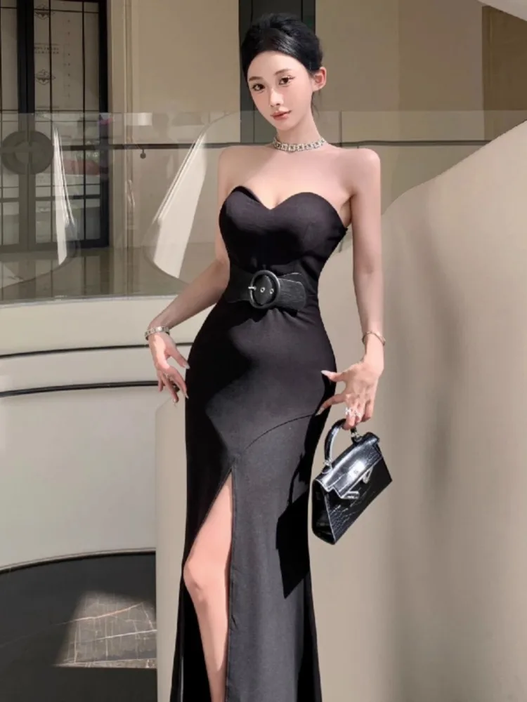 Topenomi-Vestido de noite sem alças preto feminino, robe de cintura alta, divisão fina, vestido longo de coquetel, francês, elegante, sexy, casamento