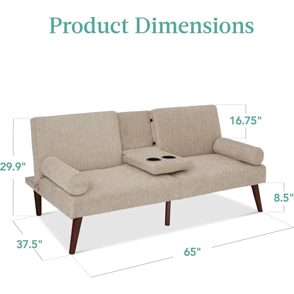 Futón tapizado moderno de mediados de siglo, sofá cama plegable Convertible, sofá pequeño con reposabrazos redondeados, 2 Cupholders