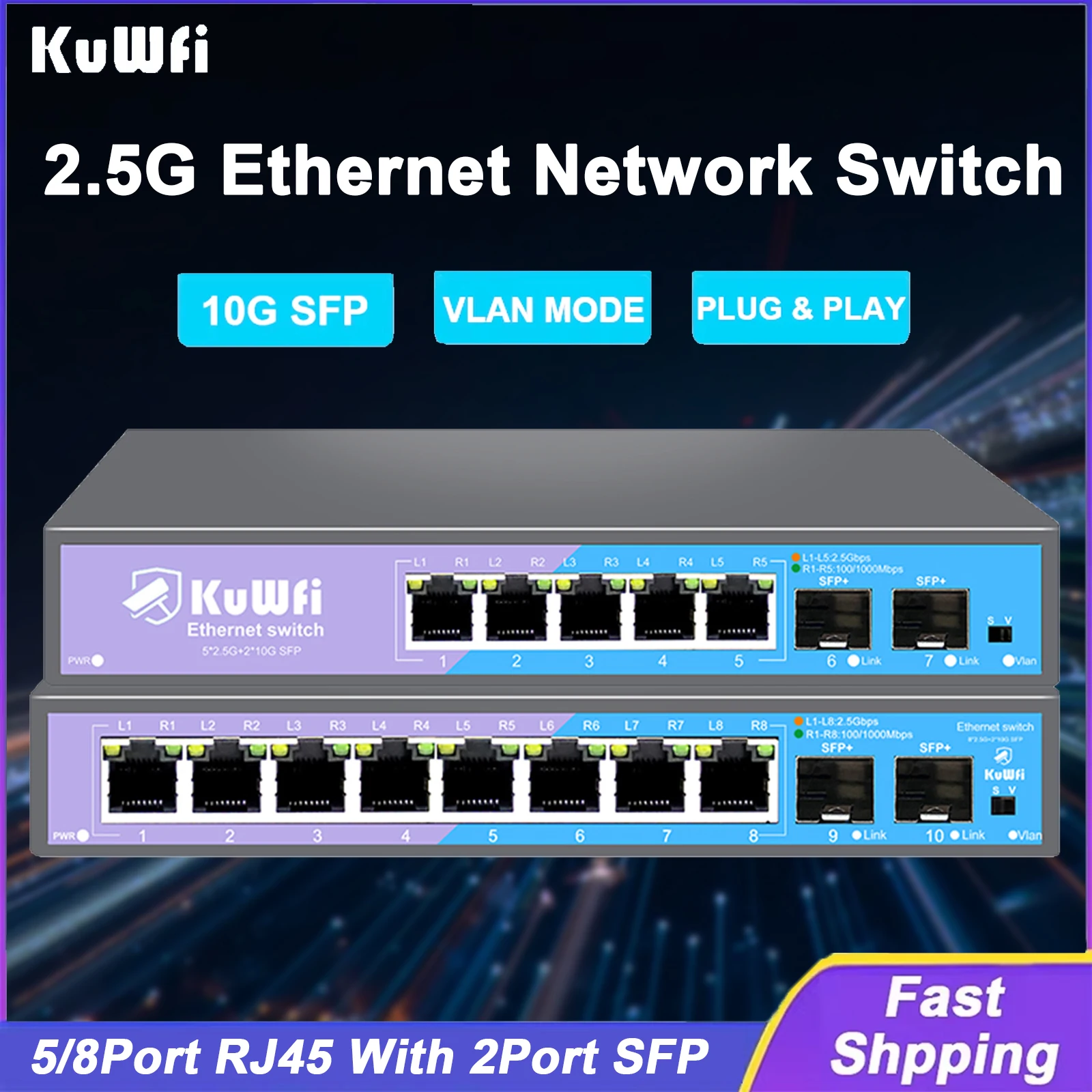 

KuWFi 5/8 Port 2.5G Gigabit Ethernet Network Switch 2500M RJ45 Port Switch IEEE802.3AF/AT 10G SFP Port VLAN Mode for IP Camera