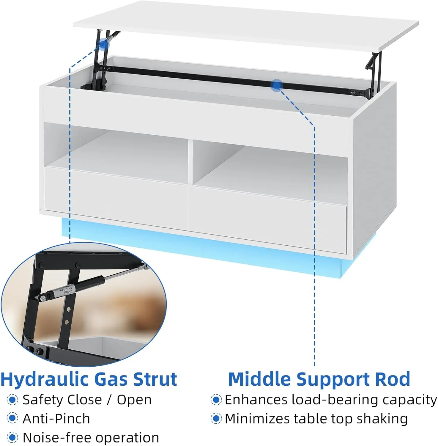LEDコーヒーテーブル,リフトトップ,隠しコンパートメント,引き出し2つ,オープンシェルフ2つ,光沢のある白,モダンな収納