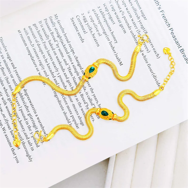 

24K Au999 Gold Herringbone Snake Bone Bracelet for Women,Inlaid Green Gemstone,Luxury Adjustable Bracelet,High-End Jewelry Gift