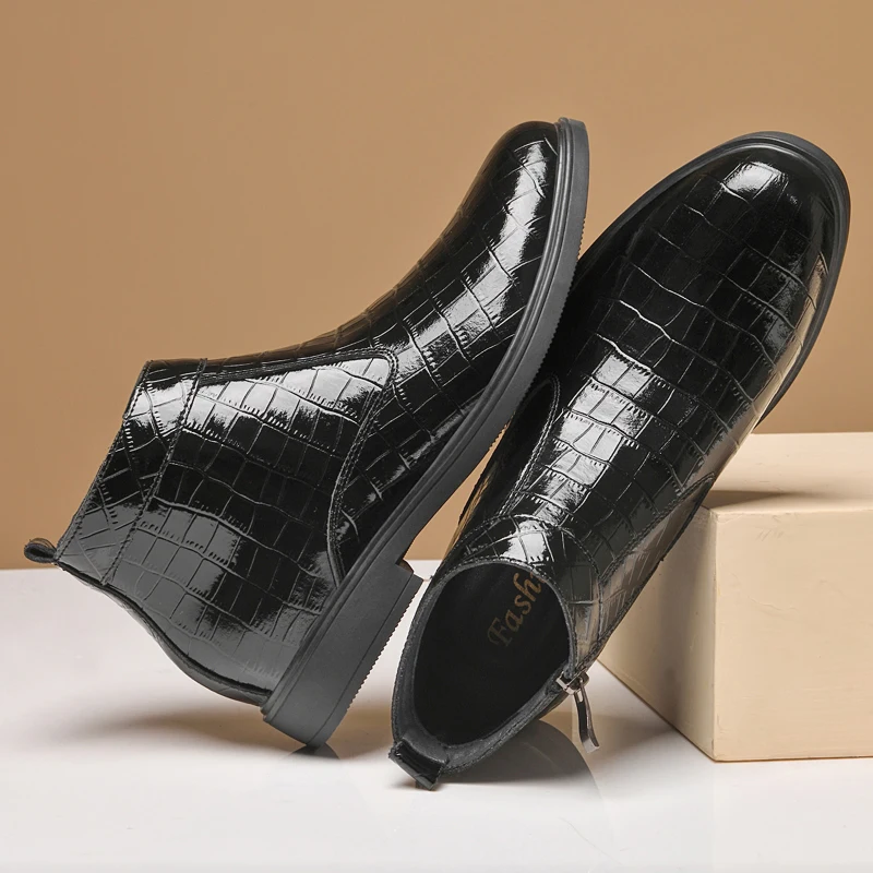 Fashionable Men Chelsea Boots with Pointed Toe Low Heel Side Zipper Business Formal Men Boots