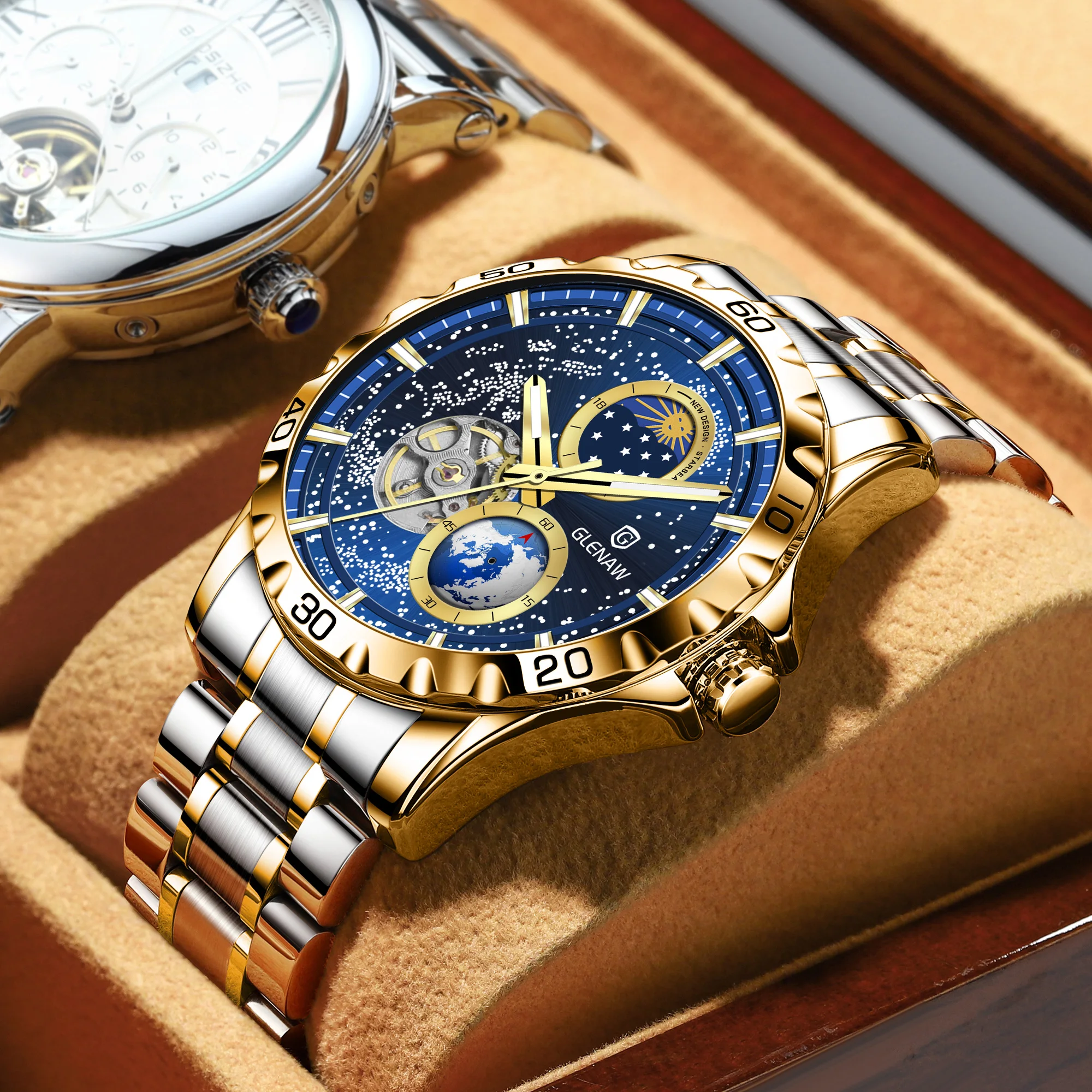 GLENAW Men\'s Leisure Timing Mechanical Wristwatch Moonlight Phase Waterproof Watch Tuo Flywheel Glow Stainless Steel Clock