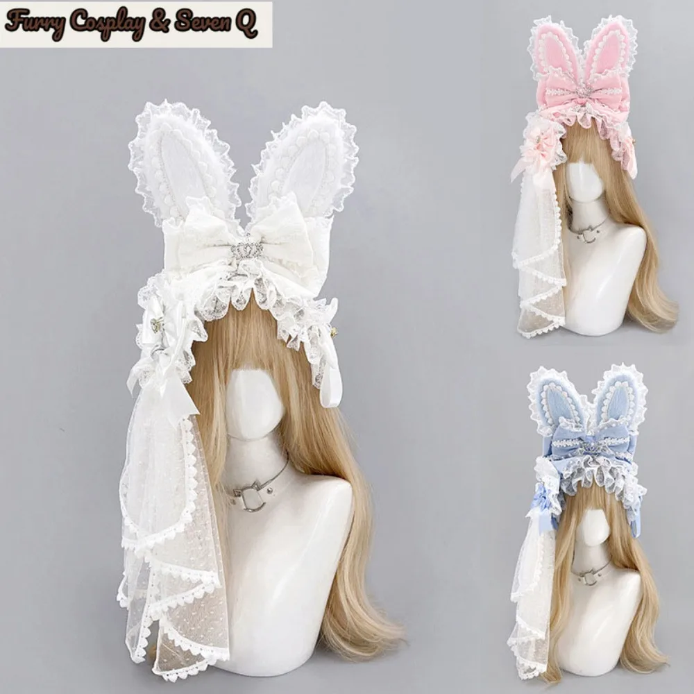 Sweet Lolita Lace Ribbon Bow Headwear Plush Bunny Ears Hairband Cute Girl Party Hair Accessories Women Cosplay Props