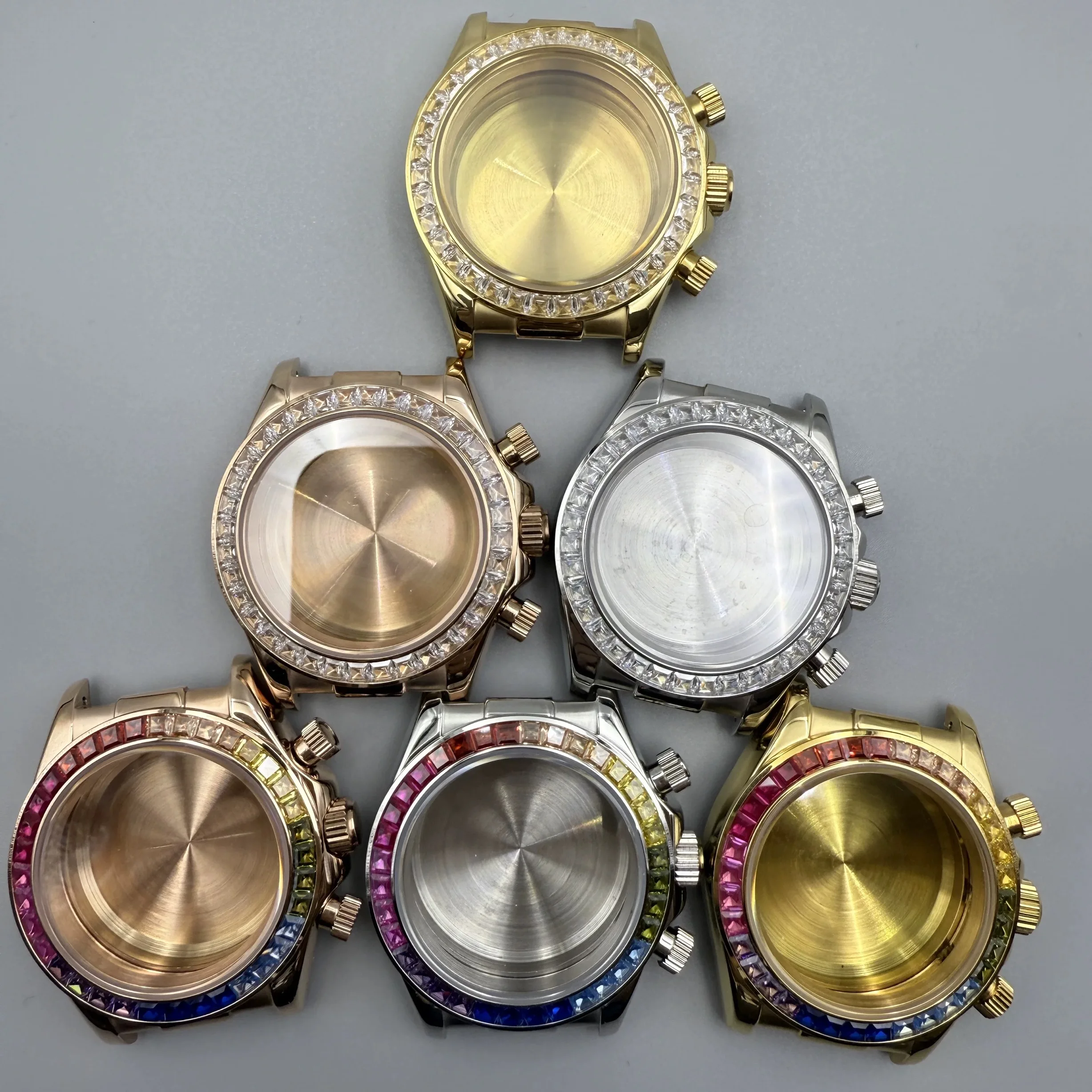 

Корпус часов Daytona из нержавеющей стали 316L, 39 мм, золотистый, серебристый, розовое золото, сапфировое стекло, бриллиантовый безель, подходит для механизма VK63.