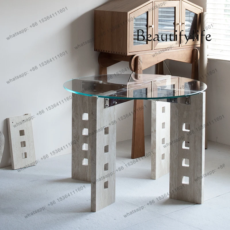 

Original design restaurant household natural travertine dining table 1.2 meters round glass Nordic