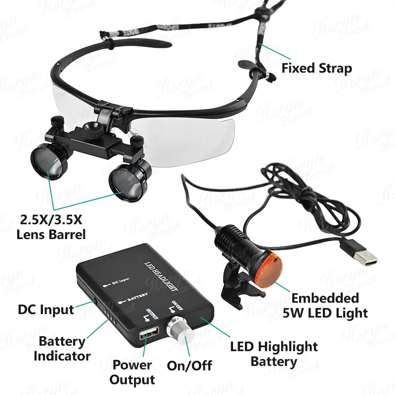 Dental Metal Surgical Magnifying Glass with 5W LED Light Dentistry Binoculars Loupe 2.5X 3.5X Dental Medical Magnify Loupes