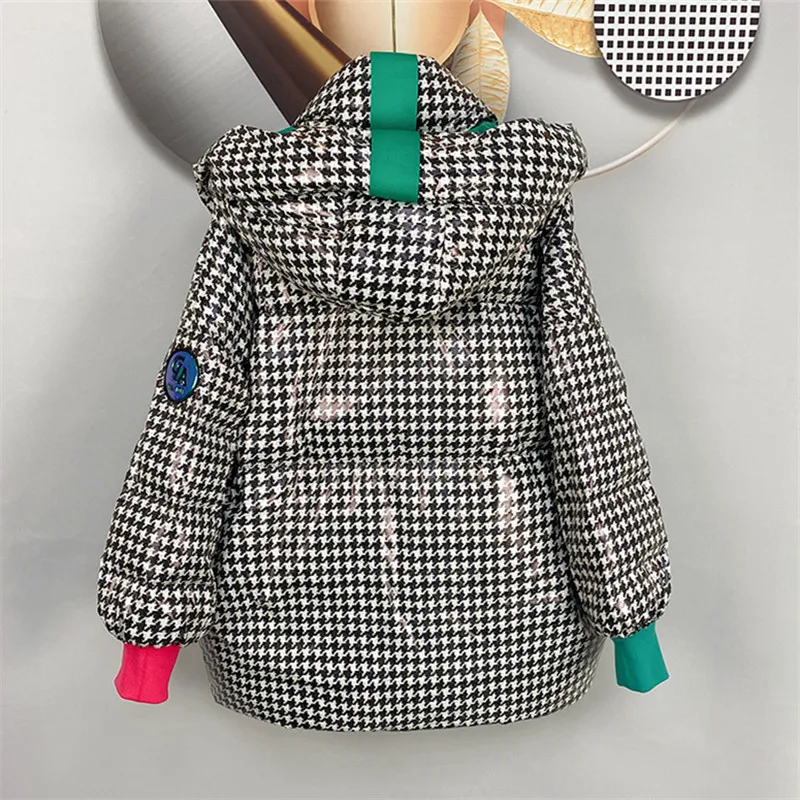 Short Parkas Women Winter Jacket Houndstooth Fashion Spliced Hooded Down Jackets Female High Quality Casual Warm Cotton Coat