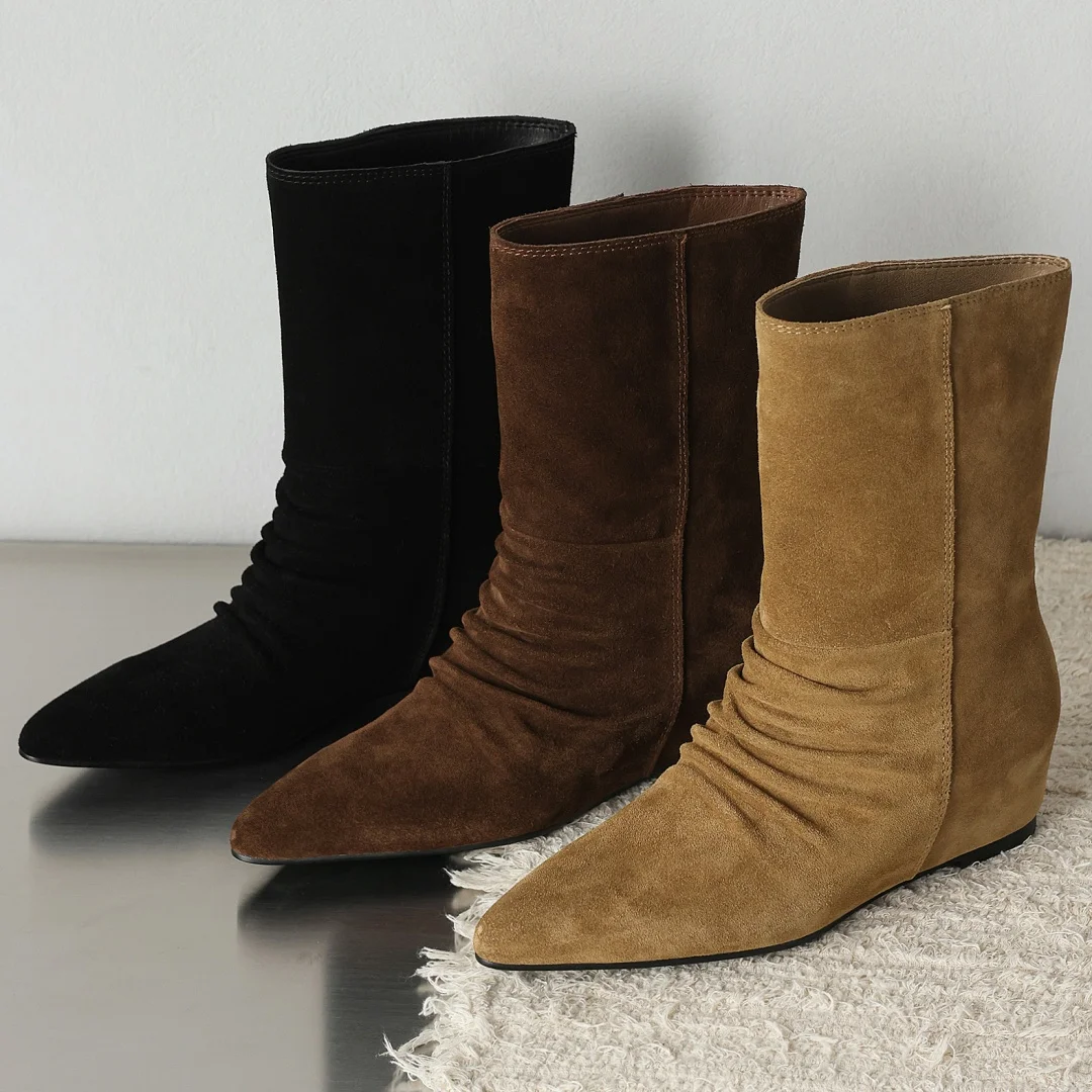 

Women's natural suede leather pointed toe pleated slip-on autumn ankle boots 5cm wedge med heel casual female short booties shoe